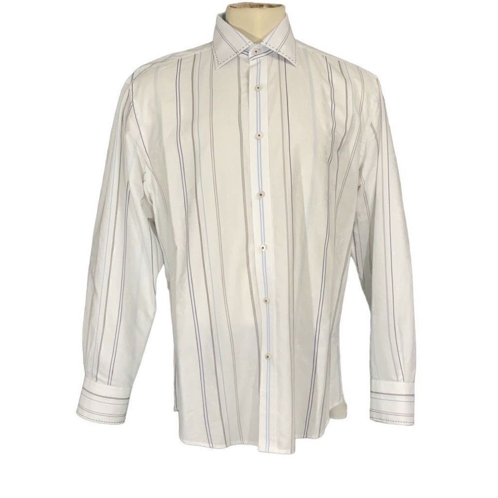 Zagiri Men’s White Striped Rose Embossed Casual Button Front Shirt XL